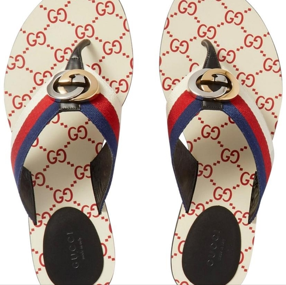 GUCCI Kika Logo-embellished Striped Nylon, Canvas and Leather Sandals,red/white. - Picture 4 of 13